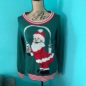 EUC Tipsy Elves Santa Drinking Milk Christmas Long Sleeve Sweater